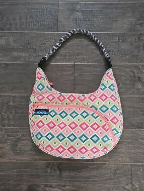 Kavu Sydney Satchel Multicolor Diamond Geometric Print Shoulder Bag Pink Trim